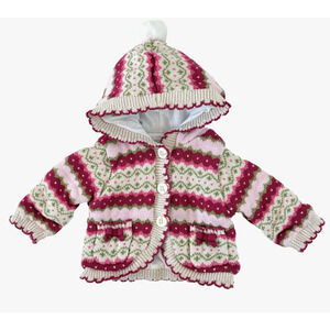 Gymboree Baby Girl Fair Isle Hooded Cardigan Sweater Cotton Pink Cream 3-6 M